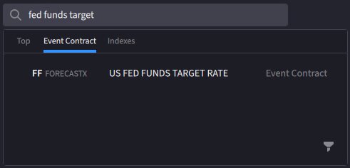 Search results for Fed Funds Target Forecast contract. FF FORECASTX: US FED FUNDS TARGET RATE, Event Contract